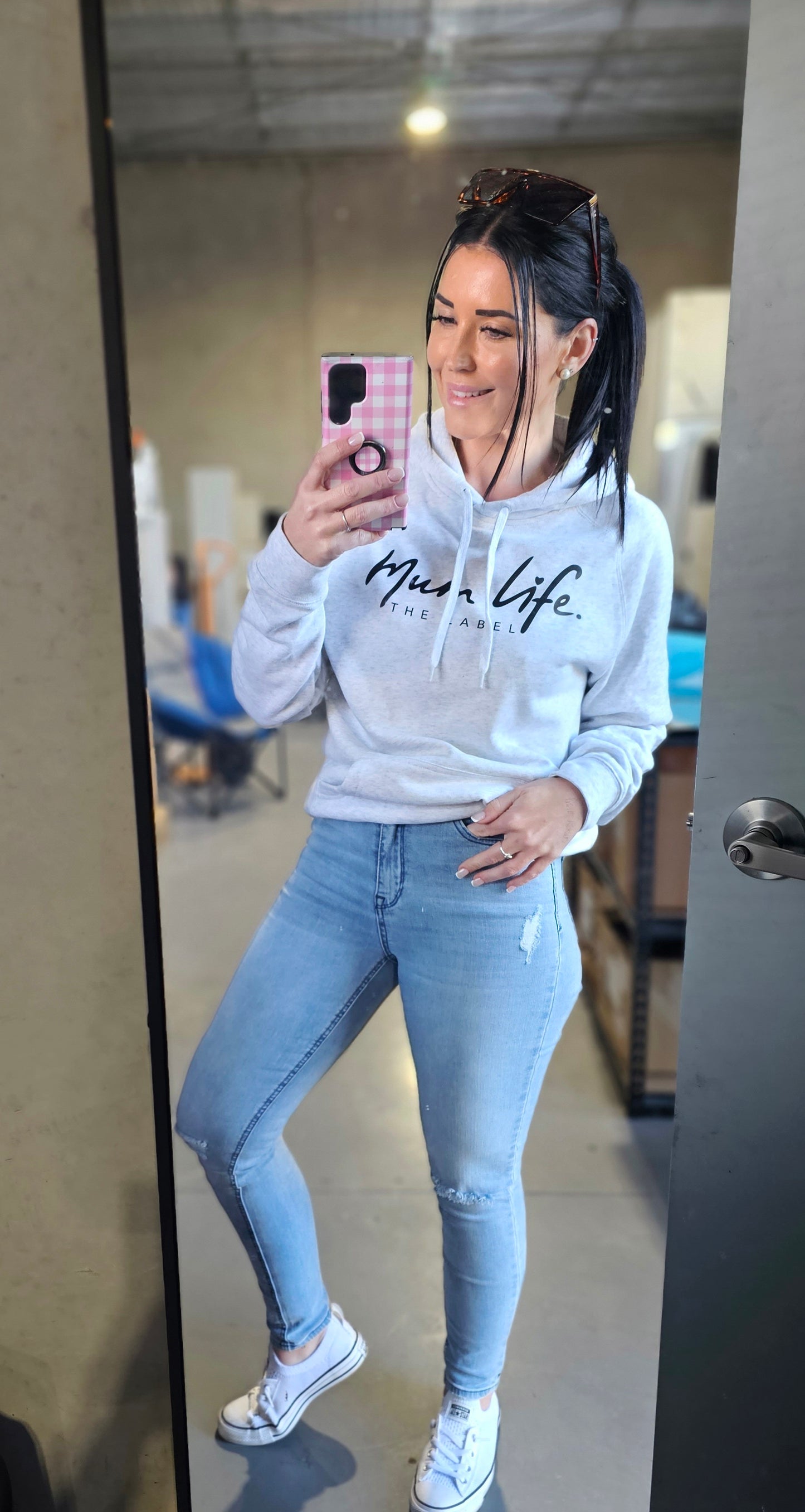 Mum Life The Label Hoodie- Grey